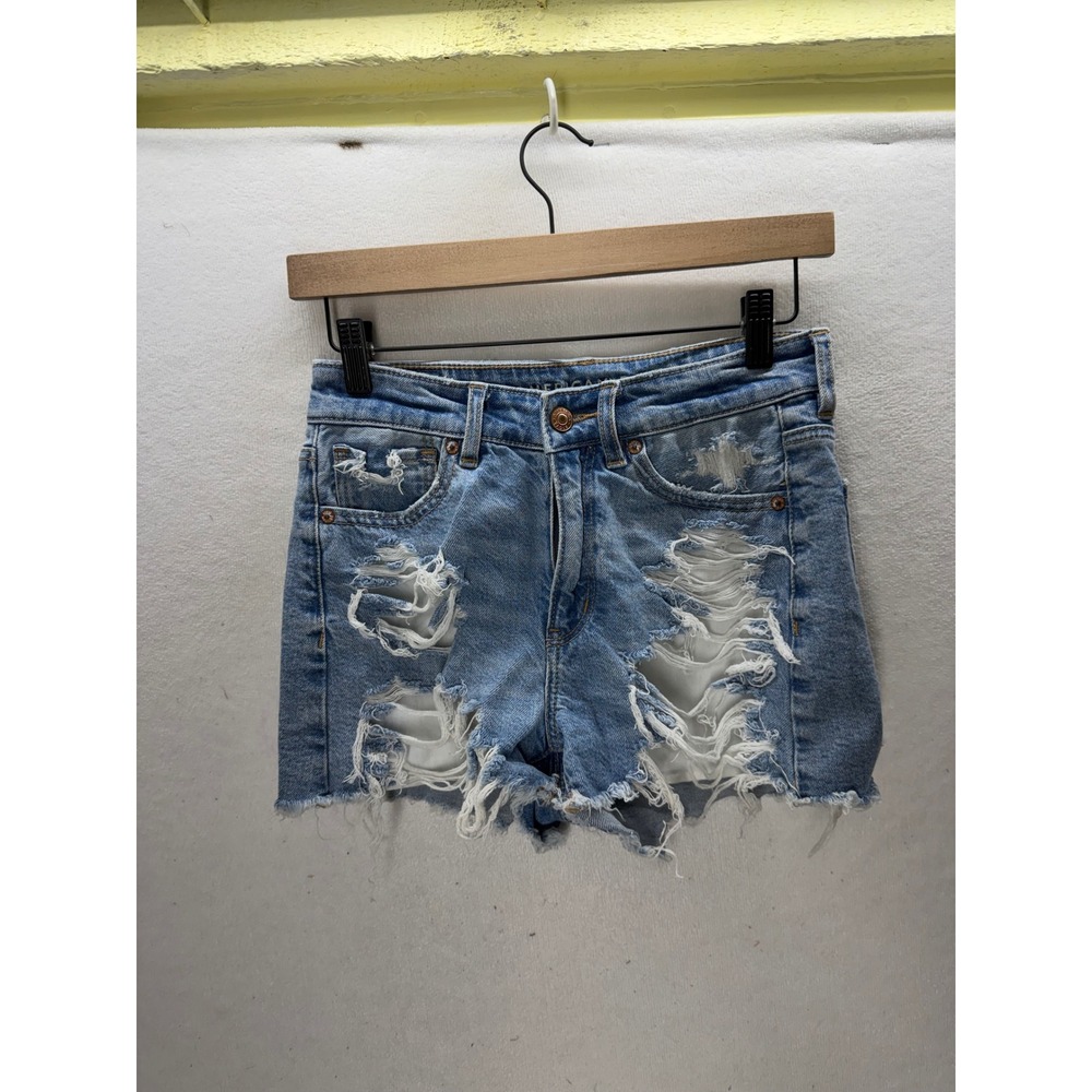 American Eagle Mom Shorts Womens 2 Blue Distressed High Rise Denim 3600